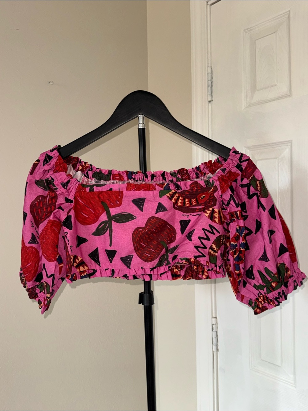 FARM Rio Pink Strawberry-Print Off-Shoulder Crop Top - Picture 7 of 8